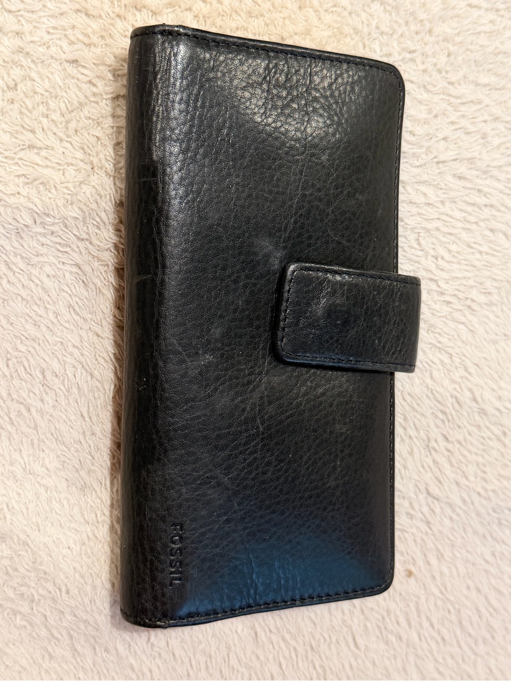 Fossil Black Leather Wallet with Snap Closure and outside change purse